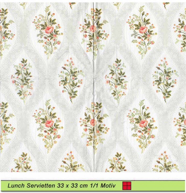 Kleine Rosen und Ornamente in Rautenform - 1 Lunch Serviette - ganzes Motiv